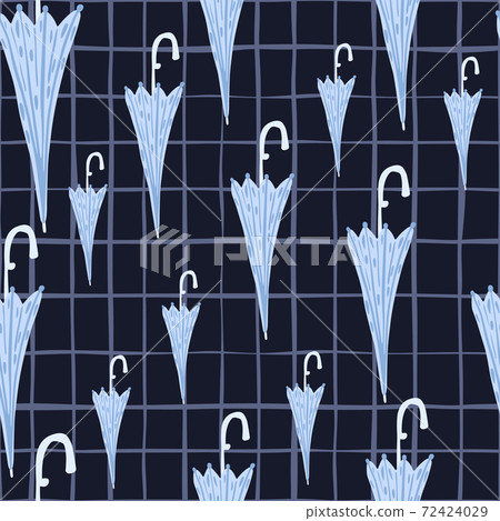 Random seamless pattern with doodle blue umbrella elements. Dark navy blue chequered background. Random seamless pattern with doodle blue umbrella elements. Dark navy blue chequered background. 72424029