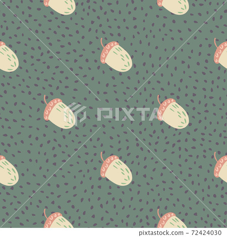 Seamless pattern in minimalistic style with forest acorn ornament. Pale green dotted background. 72424030