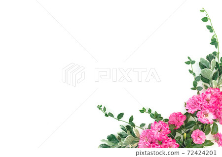 Floral frame made of pink roses and leaves on white background. Flat lay, Top view Floral frame made of pink roses and leaves on white background. Flat lay, Top view 72424201