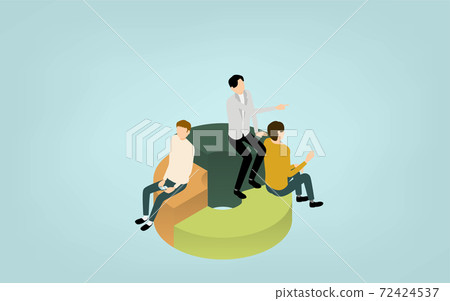 Isometric, image illustrations of people sitting on a pie chart 72424537