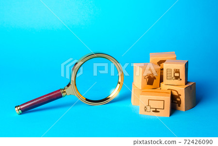 Boxes with goods and magnifying glass. Search for great deals and sales. Holiday sale. Monitoring and verification of goods, import certification. Quality control. Tracking products Localization Boxes with goods and magnifying glass. Search for great deals and sales. Holiday sale. Monitoring and verification of goods, import certification. Quality control. Tracking products Localization 72426090