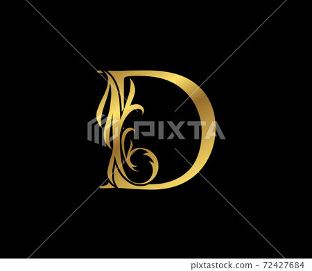 Classy Elegant Gold D Letter Floral logo. Vintage Swirl drawn emblem for book design, weeding card, brand name, business card, Restaurant, Boutique, Hotel. 72427684