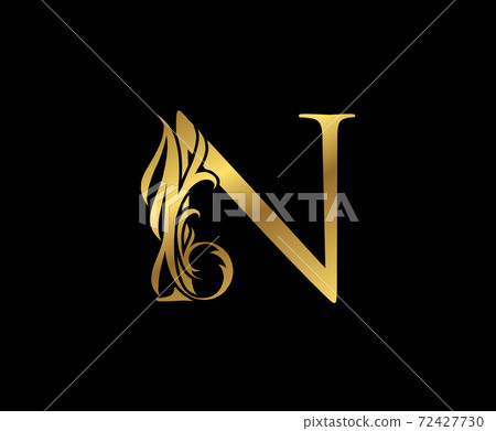Classy Elegant Gold N Letter Floral logo. Vintage Swirl drawn emblem for book design, weeding card, brand name, business card, Restaurant, Boutique, Hotel. Classy Elegant Gold N Letter Floral logo. Vintage Swirl drawn emblem for book design, weeding card, brand name, business card, Restaurant, Boutique, Hotel. 72427730