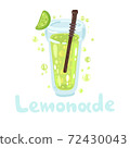 Lemonade and bubbles in a glass with a sraw. Flat colorful yellow and green design style, modern vector clipart illustration. Summer lemonades with one half lemon fruit. Hand drawn typography. 72430043