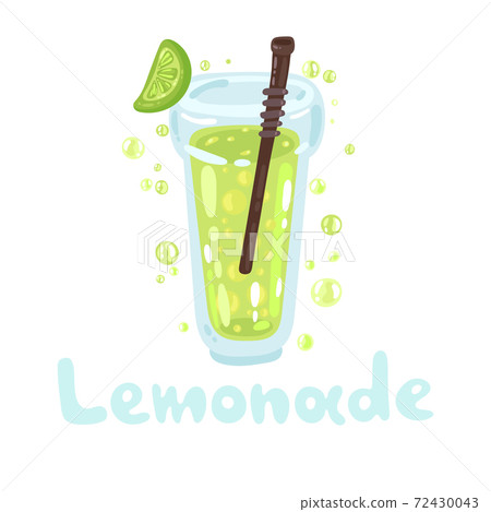 Lemonade and bubbles in a glass with a sraw. Flat colorful yellow and green design style, modern vector clipart illustration. Summer lemonades with one half lemon fruit. Hand drawn typography. Lemonade and bubbles in a glass with a sraw. Flat colorful yellow and green design style, modern vector clipart illustration. Summer lemonades with one half lemon fruit. Hand drawn typography. 72430043