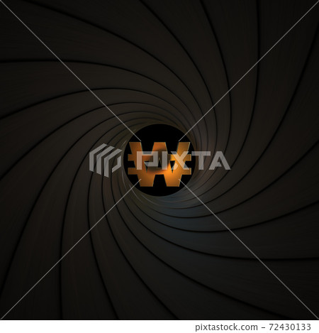 South Korean won currency symbol as seen behind the rifling of a gun barrel. Crisis or economic threat related conceptual 3D rendering 72430133