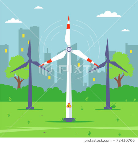 a windmill in the background of the city extracts electricity from the wind. 72430706