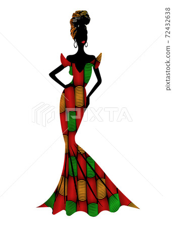 Beautiful African woman in typical afro clothing and headdress ethnic turban, ankara wax print textile for traditional wedding ceremony. Vector isolated on white background  72432638