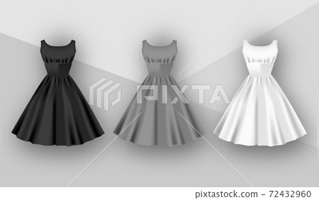 Female dresses mockup collection. Dress with puffy skirt with pleats. Realistic Festive 3d dress without sleeves. White, gray and black variation isolated on a grey background Female dresses mockup collection. Dress with puffy skirt with pleats. Realistic Festive 3d dress without sleeves. White, gray and black variation isolated on a grey background 72432960