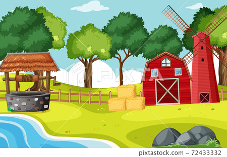 Barn and widmill in farm scene Barn and widmill in farm scene 72433332
