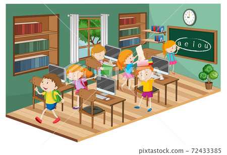 Students in the classroom with many computers 72433385