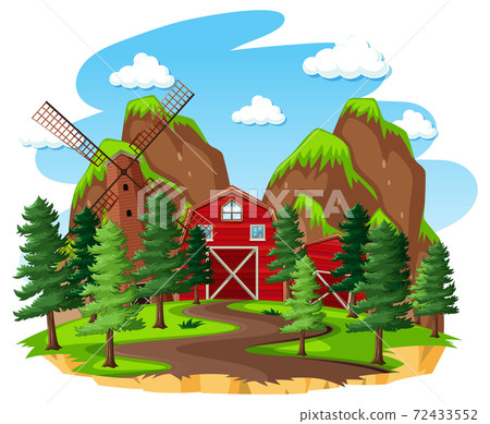 Farm with red barn and windmill on white background 72433552