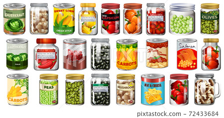 Set of different canned food and food in jars isolated Set of different canned food and food in jars isolated 72433684