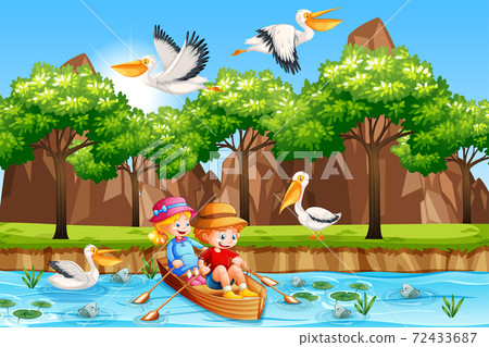 Children row the boat in the stream forest scene 72433687