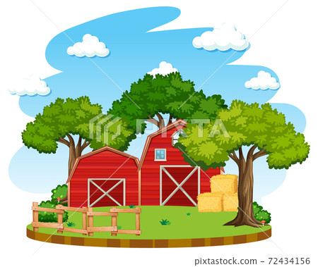 Farm with red barn and windmill on white background Farm with red barn and windmill on white background 72434156