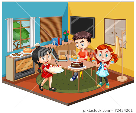 Kids in the dinning room scene on white background 72434201