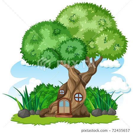 Tree house and some grass cartoon style on white background Tree house and some grass cartoon style on white background 72435657