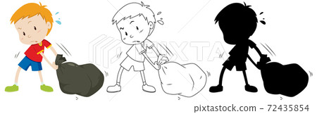 Boy drag black garbage bag in color and outline and silhouette Boy drag black garbage bag in color and outline and silhouette 72435854