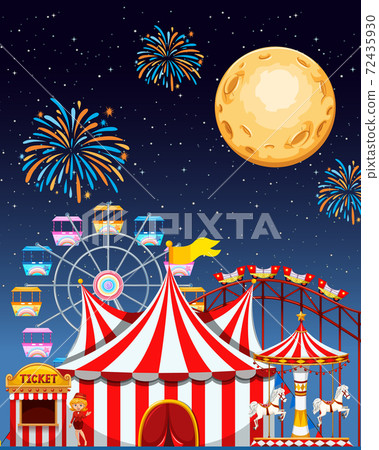 Amusement park scene at night with fireworks and - Stock Illustration ...