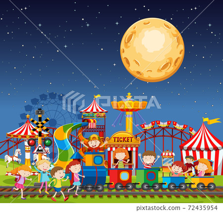 Amusement park scene at night with big moon in the 72435954
