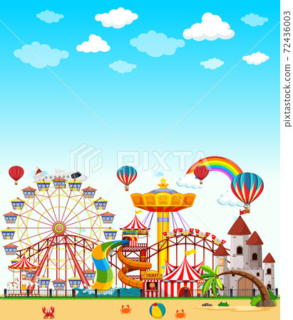 Amusement park scene at daytime with blank bright 72436003