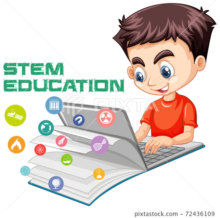 Boy searching on laptop with stem education logo Boy searching on laptop with stem education logo 72436109