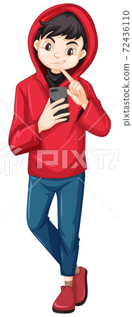 Boy in red hoody holding smart phone cartoon Boy in red hoody holding smart phone cartoon 72436110