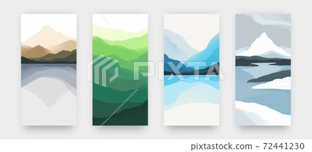 Watercolor mountains. Minimalist landscape posters. Hand drawn rocks and hills, reflections in water. Collection of pictures in Asian style with colors gradient, vector panorama set Watercolor mountains. Minimalist landscape posters. Hand drawn rocks and hills, reflections in water. Collection of pictures in Asian style with colors gradient, vector panorama set 72441230