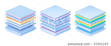 Layered material. Realistic orthopedic mattress, baby diaper or sanitary pad. 3D advertising models. Antibacterial disposable textiles. Soft filler, synthetic fiber, vector sample set 72441247