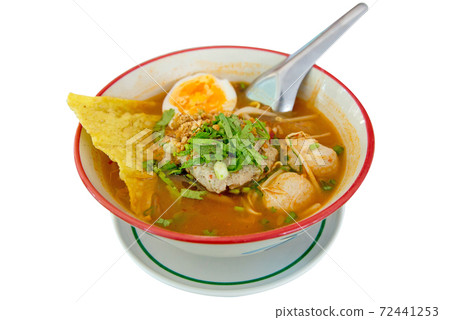 Die cut of Spicy pork Noodle Soup with boil egg. Die cut of Spicy pork Noodle Soup with boil egg. 72441253