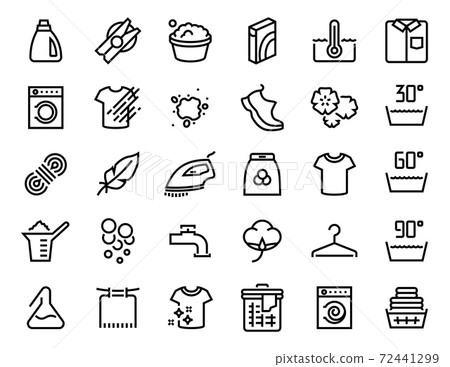 Laundry icon. Garment care guide. Hand and machine washing signs. Black contour symbols for clothing labels. Information about material, water temperature and detergent, vector set 72441299