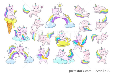 Cute unicorn kitty. Cartoon cats with rainbow... - Stock ...