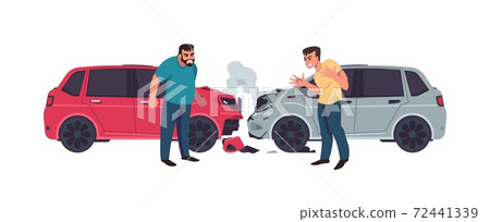 Car accident. Automobiles crash, transport collision. Aggressive men shouting. Isolated smashed vehicles smoking, damaged auto bumper. Conflict and confrontation. Vector drivers troubles Car accident. Automobiles crash, transport collision. Aggressive men shouting. Isolated smashed vehicles smoking, damaged auto bumper. Conflict and confrontation. Vector drivers troubles 72441339