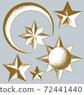 Illustration of the moon, stars and sun drawn by hatching 72441440