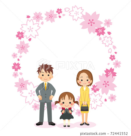一個家庭慶祝一個可愛的新一年級女孩入學好朋友父母和孩子櫻花框架 72441552