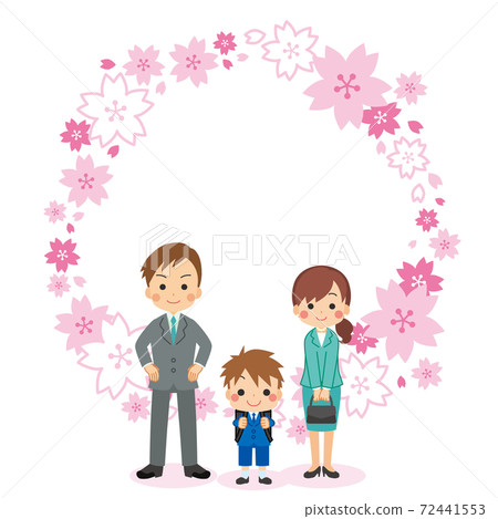 一個家庭慶祝一個可愛的新一年級男孩入學，一個好朋友父母和孩子櫻花框架 72441553