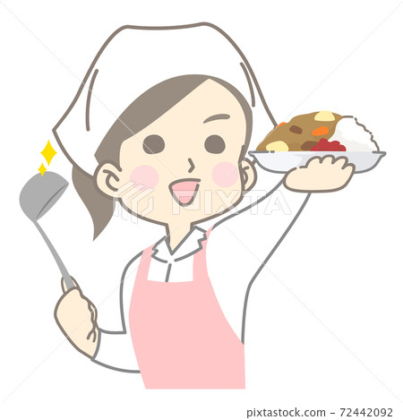 Cooking staff cheerfully and happily serving curry Cooking staff cheerfully and happily serving curry 72442092