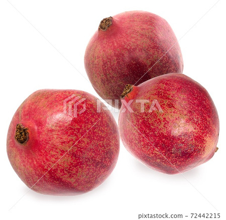 Three ripe red Garnet. Set fruits of red ripe pomegranate on the White Background. Vegetarian Concept. Three ripe red Garnet. Set fruits of red ripe pomegranate on the White Background. Vegetarian Concept. 72442215