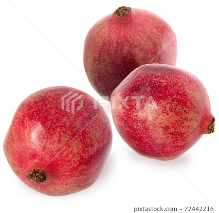 Three ripe red granet. Set fruits of red ripe pomegranate on the White Background. Vegetarian Concept. 72442216