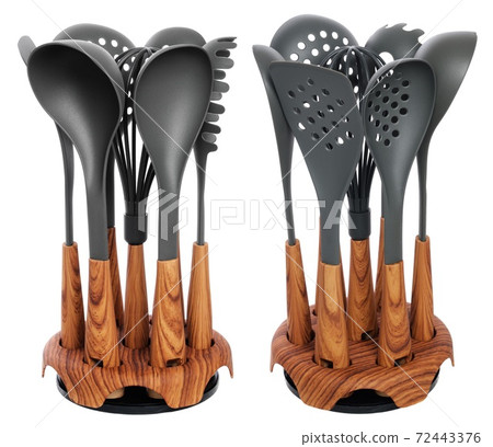Set of plastic kitchen utensils isolated on white. Spoon, spatula, strainer, ladle, colander, whisk. Set of plastic kitchen utensils isolated on white. Spoon, spatula, strainer, ladle, colander, whisk. 72443376