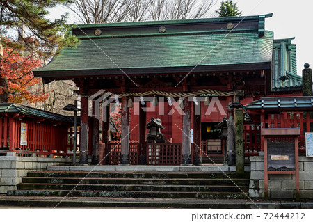 尾崎神社與美麗的朱紅色雪柵欄和秋天的落葉 72444212