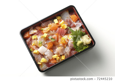 Gorgeous seafood chirashizushi (overhead view) taken on a white background Gorgeous seafood chirashizushi (overhead view) taken on a white background 72445210