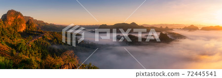 Panoramic mountain landscape and mist. Panoramic mountain landscape and mist. 72445541