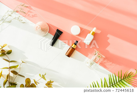 White bottle cream, mockup of beauty product brand. Top view on the pink and white background. 72445618
