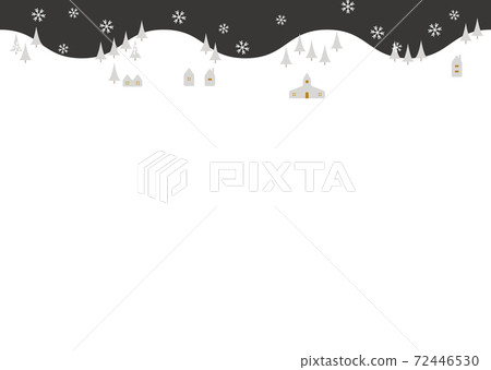 Illustration of a snowy mountain, a forest, and a house at night 72446530