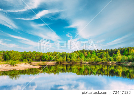 Summer Forest On River Coas. River Water Nature Landscape. Belarus, Europe Summer Forest On River Coas. River Water Nature Landscape. Belarus, Europe 72447123