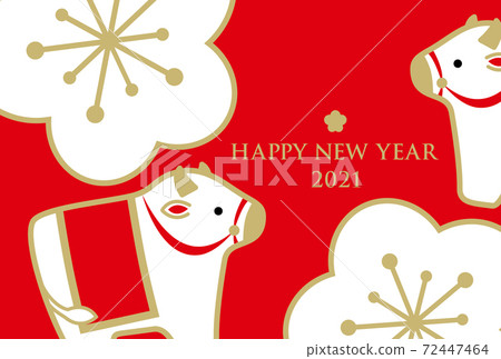 新年賀卡2021年明信片模板Yunen Ushi（紅色背景金色字母白色李子） 72447464