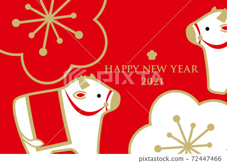 新年賀卡2021年明信片模板Yunen Ushi（紅色背景金色字母紅色和白色李子） 72447466