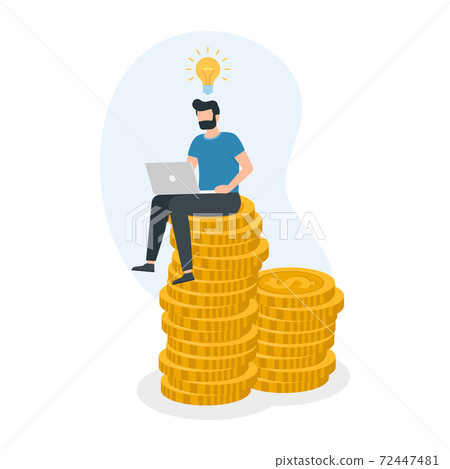 Man sitting on money coin stack and working... - Stock Illustration ...