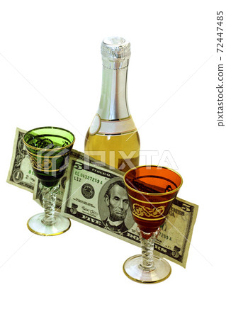 on a white background bottle of wine two glasses and money on a white background bottle of wine two glasses and money 72447485
